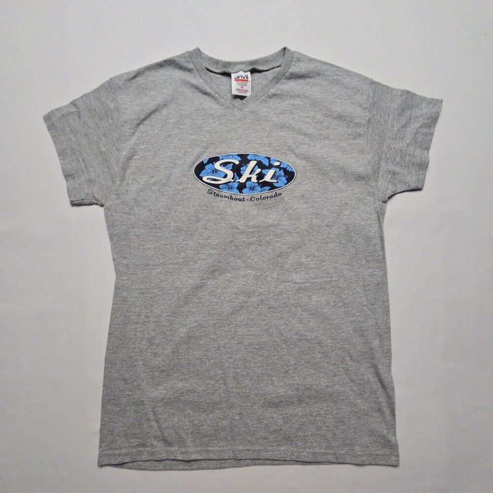 Vintage Ski Steamboat Colorado Graphic T Shirt Womens Gray M Cotton V Neck
